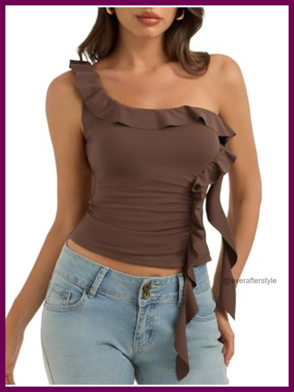 REORIA One Shoulder Tank Top Sleeveless Ruffle Double Lined Fitted
